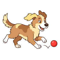 Fototapeta premium Playful cartoon dog running after a red ball, happy brown and white puppy character, cheerful pet animal vector illustration for children isolated on Transparent Background