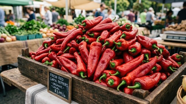 A wooden crate overflows with vibrant red Capia peppers at a bustling outdoor market. A handwritten sign reads "FRESH RED CAPIA PEPPERS - ORGANIC - LOCAL - $3.