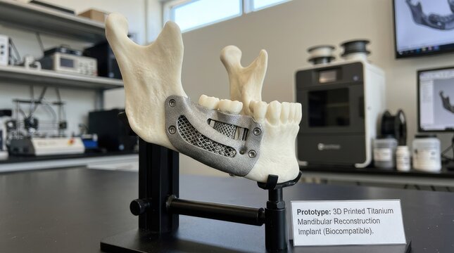 A 3D printed titanium mandible reconstruction implant sits on a black stand. The implant is displayed in a laboratory setting, with a white table and shelves filled with equipment.