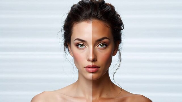 Woman with split face showing skin tone difference