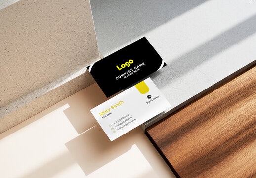 Two Business Cards Mockup on Stone and Wood Surface with Sunlight and Soft Shadows