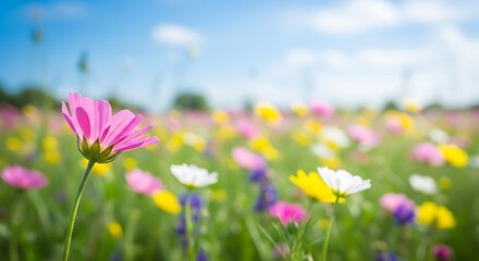 Fototapeta premium A pink flower standing tall in a vibrant field of colorful flowers on a sunny day outdoors in nature scenery