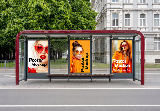 Three Vertical Poster Mockups at Bus Stop Shelter on City Street with Fashion Model Designs