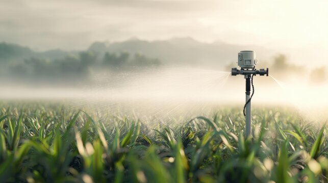 Smart agriculture irrigation system spraying fine mist over lush green crops in a misty field at sunrise