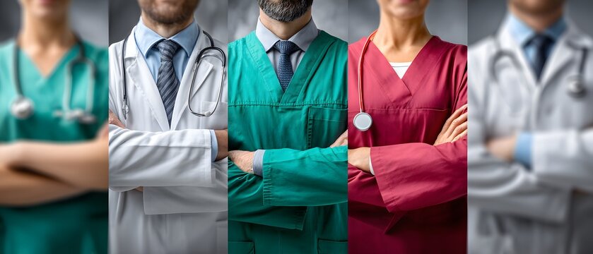 Confident and dedicated healthcare professionals doctors and nurses stand with arms crossed wearing various colorful medical uniforms in a well lit st
