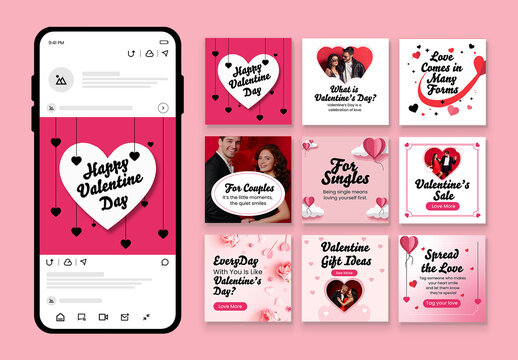 Valentine Day Social Media Post Grid Collection with Romantic Couples and Heart Graphics