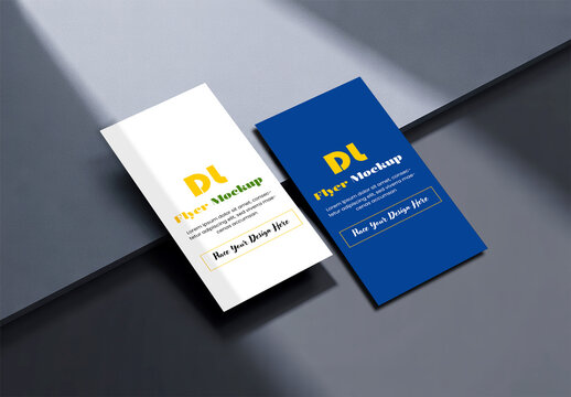 Two Vertical DL Flyer Mockups on Dark Surface with Elegant Sunlight and Shadows