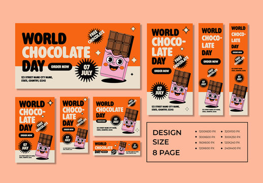 World Chocolate Day Celebration Banner Set with Cute Chocolate Bar Character and Stars
