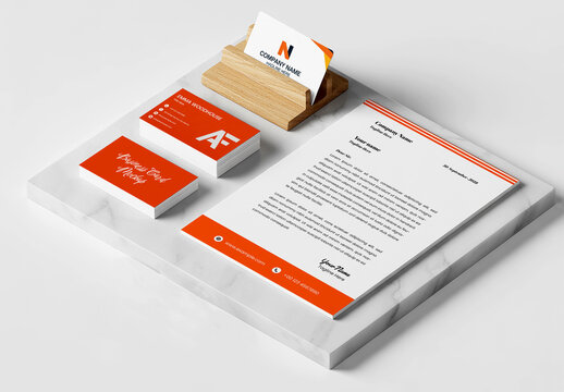 Corporate Branding Stationery Mockup Set with Business Cards and Letterhead on Marble Base