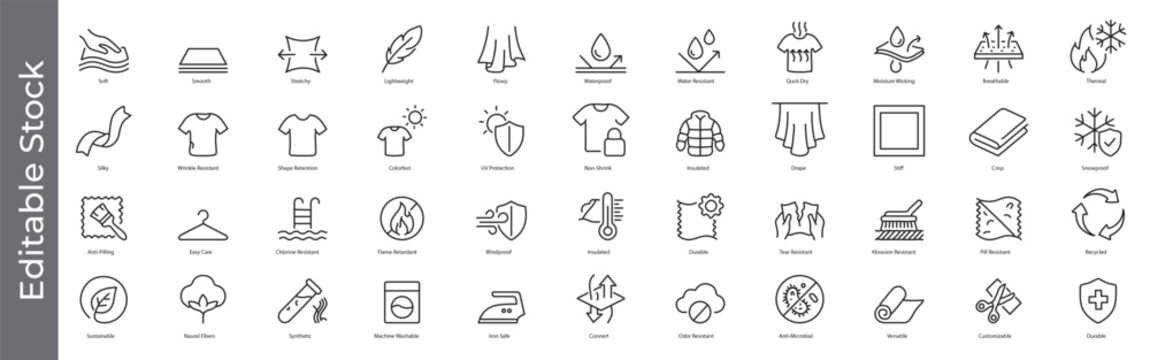 Fabric, textile and clothing properties icon set &ndash; editable outline symbols of waterproof, breathable, UV protection, wrinkle resistant, features, breathable, durable, care and sustainable materials