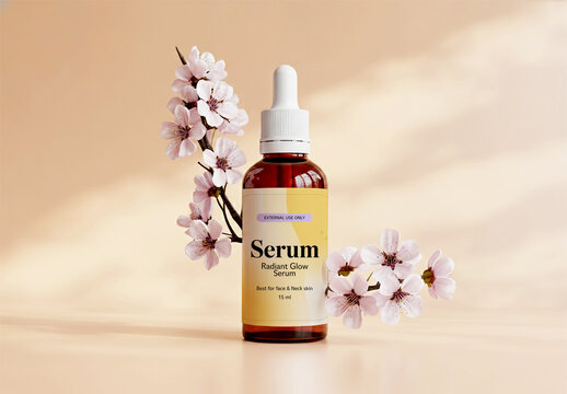 Cosmetic Serum Glass Bottle Mockup with Dropper and Pink Spring Flowers