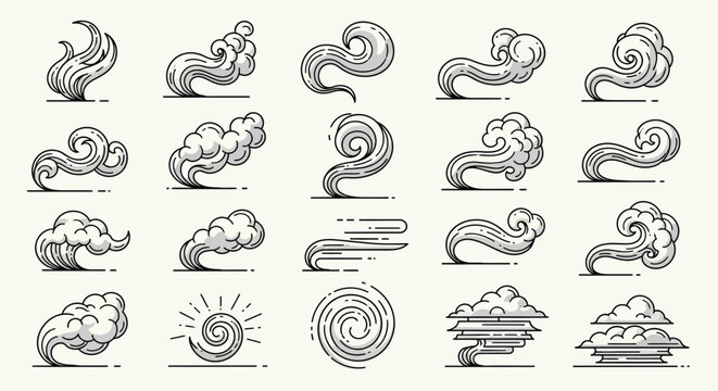 Set of stylized wind icons and swirl cloud line art illustrations