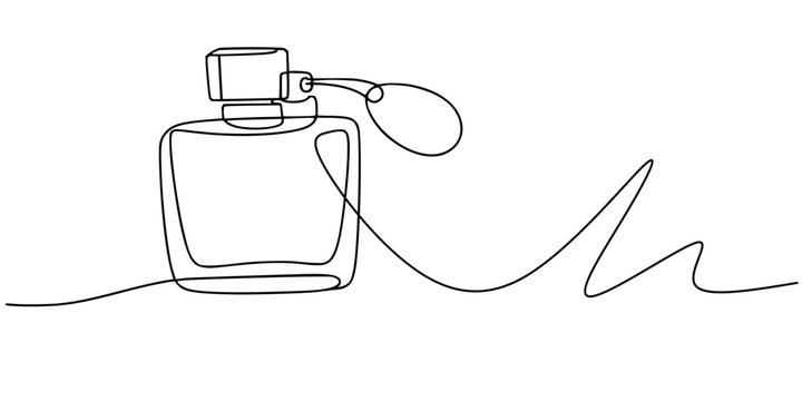 Perfume Bottle Line Art, Minimalist continuous-line drawing of a perfume bottle with atomizer bulb attached by a tube