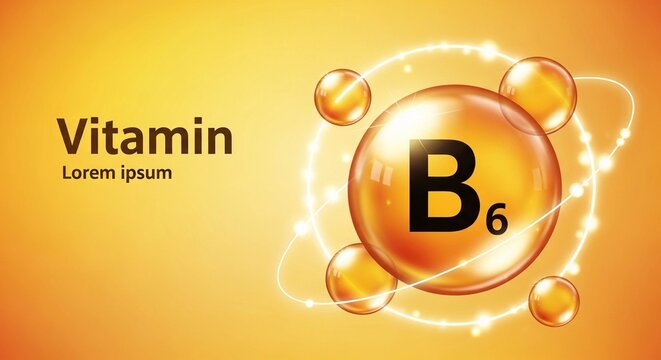A graphic illustration of Vitamin B6 molecule with orange bubbles
