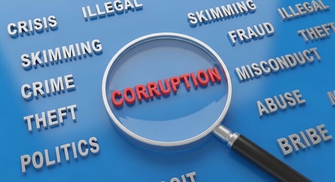 A magnifying glass focuses on corruption surrounded by related words