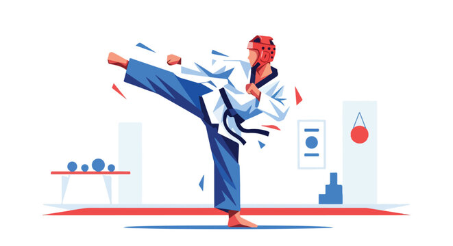 A martial artist in a dobok performs a dynamic kick in a training studio