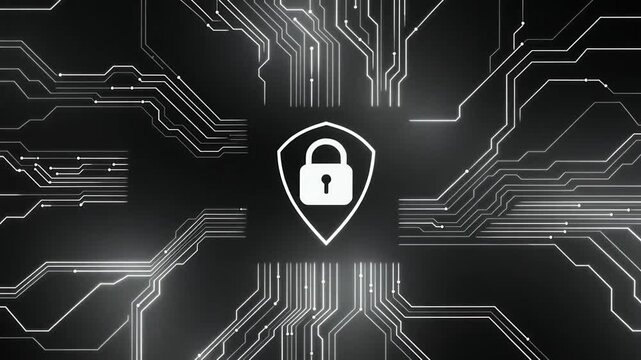 Glowing security shield and padlock icon on black circuit board background, symbolizing hardware encryption and core data protection.
