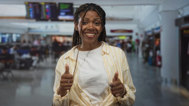 Woman points finger to right in airport terminal while smiling and wearing yellow striped shirt; confidence approval.
