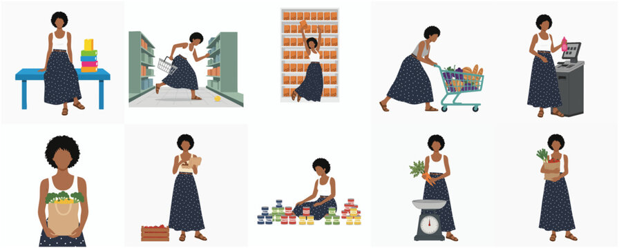 Flat Illustration Set of Dark Skinned Woman Shopping Grocery