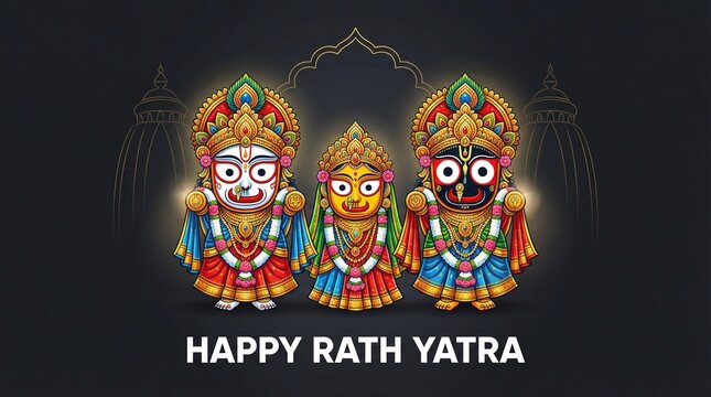 Rath Yatra festival greeting with Lord Jagannath Balabhadra Subhadra idol illustration showing devotion culture spiritual tradition and sacred celebration inspired by Puri Odisha in India