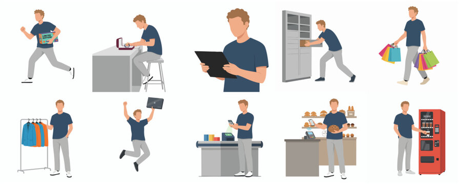 Flat Style Detailed Man in Different Activities and Poses Set Illustration