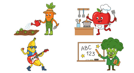 Fototapeta premium Animated fruits and vegetables engaging in various playful activities