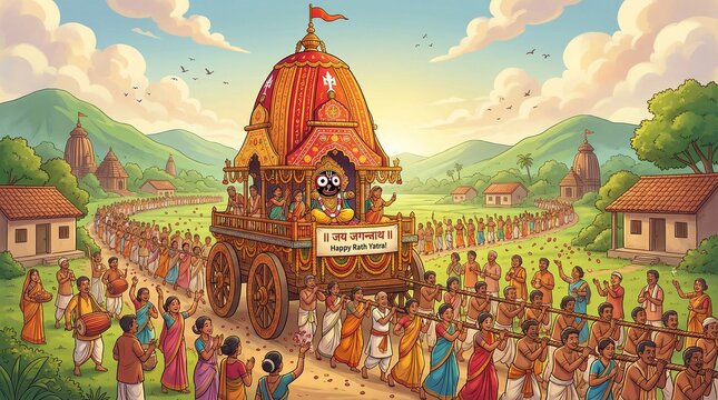 Jagannath Rath Yatra vibrant village procession with devotees pulling sacred chariot showing hindu festival celebration culture tradition spiritual devotion india heritage