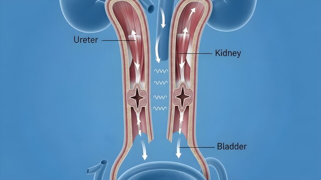 Illustration of kidneys, ureters and bladder showing peristaltic waves and one‑way valves that propel urine downward from each kidney through the ureters into the urinary bladder, preventing backflow 