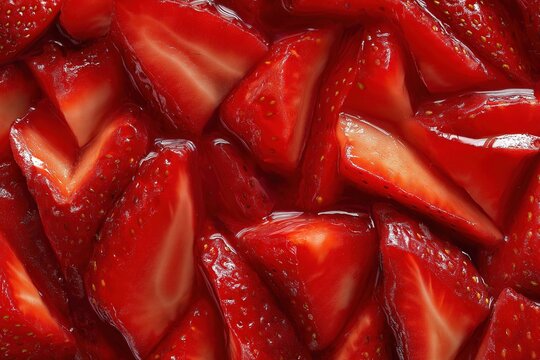 Layers of fresh cut strawberries forming a textured fruit jam pattern, symmetrical composition, bright natural lighting, vibrant red tones, appetizing and fresh culinary concept.