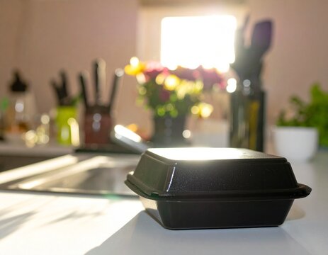 Black take away box on kitchen counter with sink and plants