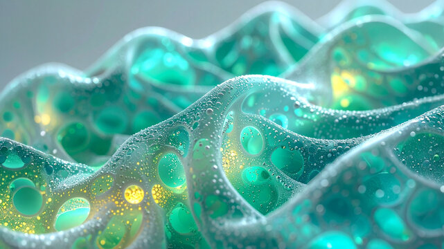Teal wave structure with cellular pores and light points. Biodesign background. Macro photography of fluid motion. Digital art for science and technology innovation trends. 2026 product concept media.