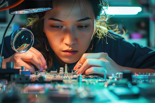 Focused female engineer meticulously assembling electronic components on a circuit board under a magnifying lamp.