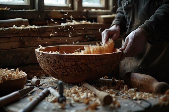 Skilled artisan meticulously carves a wooden bowl, creating a shower of wood shavings in a rustic workshop.