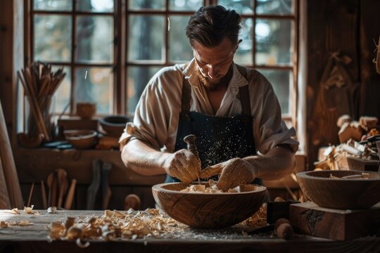 Skilled Craftsman Carving Wood Bowl in Rustic Workshop.