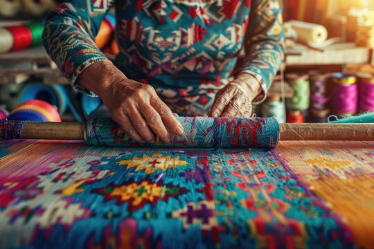 Skilled Artisan Weaving Intricate Traditional Textile with Vibrant Colors.