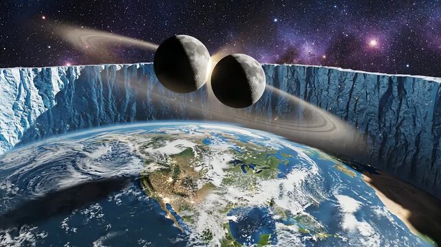 Surreal cosmic scene with two moons colliding above Earth, encircled by a colossal icy barrier under a vast starry sky, depicting a fantastic planetary event
