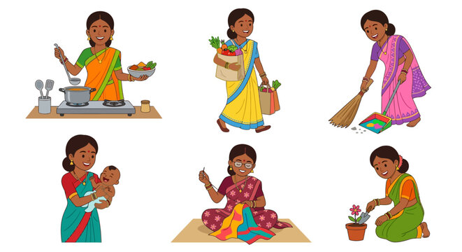 Diverse indian women illustrate various daily life roles and professions