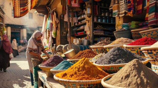 Vibrant Spice Market in Morocco with Traditional Baskets and Local Vendor.