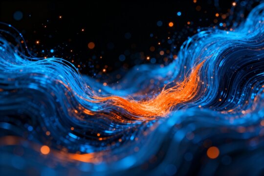 Abstract blue and orange wave patterns with particles