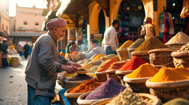 Vibrant Spice Market Scene with Vendor and Colorful Heaps of Spices.