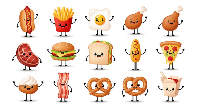 Large set of 15 cute kawaii fast food cartoon characters and snacks, food mascot collection on white background.
