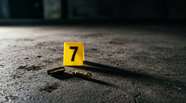 Brass bullet casings with evidence marker low angle on concrete floor dramatic forensic photography. 