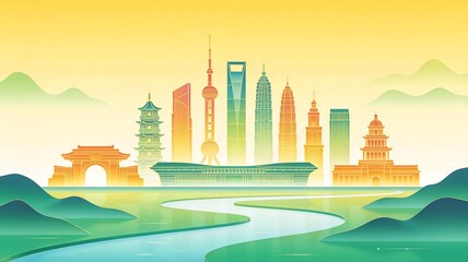 Obraz premium Beijing Shanghai Hangzhou Architectural Skyline Illustration
