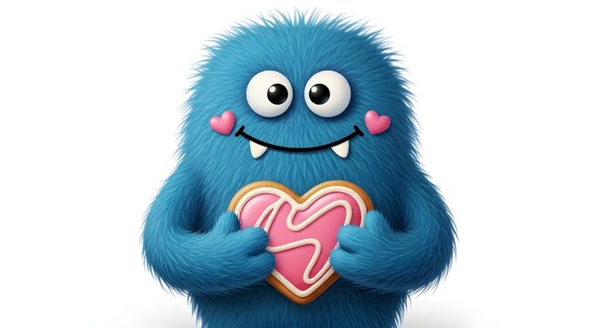 Blue furry monster holding pink heart shaped cookie