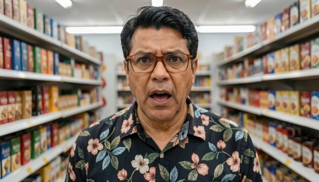Confused Mature Man with Eyeglasses Shopping in Supermarket Aisle
