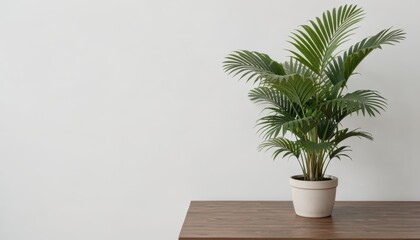 Fototapeta premium Potted Palm Plant on Wooden Table Against White Wall