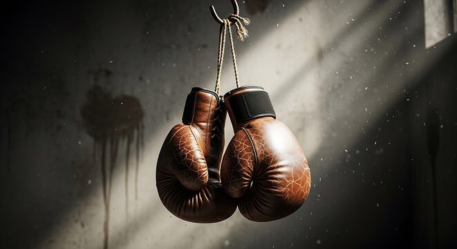 Vintage boxing gloves hanging in darkness.