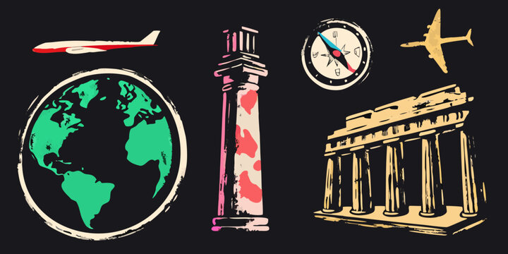 Travel themed illustration featuring landmarks globe and navigational tools