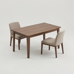 Fototapeta premium Wooden Dining Table with Two Upholstered Chairs in Minimalist Style