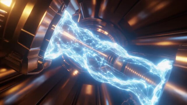 Glowing blue plasma stream inside metallic cylinder, polished components radiating power, symbolizing advanced technology, fusion energy, and the frontier of scientific innovation.